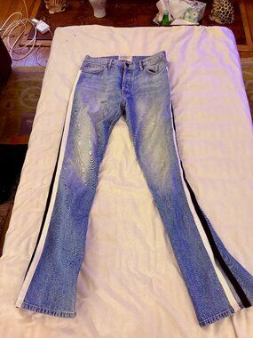 Super Cute Sandrine Rose Black/White Strip Slit Boot Cut Blue Jeans Sz 28